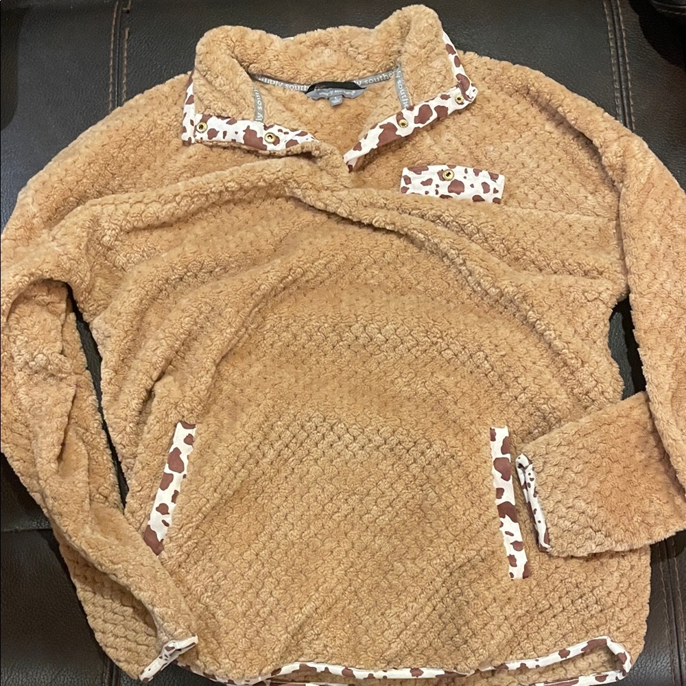 Simply Southern Camel Teddy Jacket with Patterned Trim